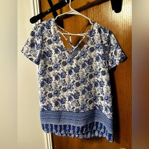 Blue Floral Blouse Cutout Neckline and Back Detail